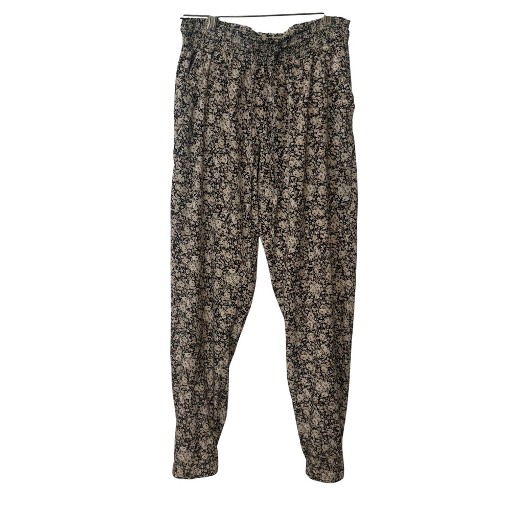 Vanilla Star Jogger Pants Womens Size M Black Floral Smocked Waist Tapered Leg
